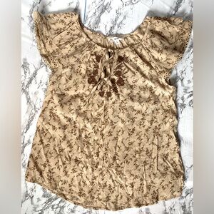 Mine Embroidery Floral Ruffled Shoulder brawn & tan top